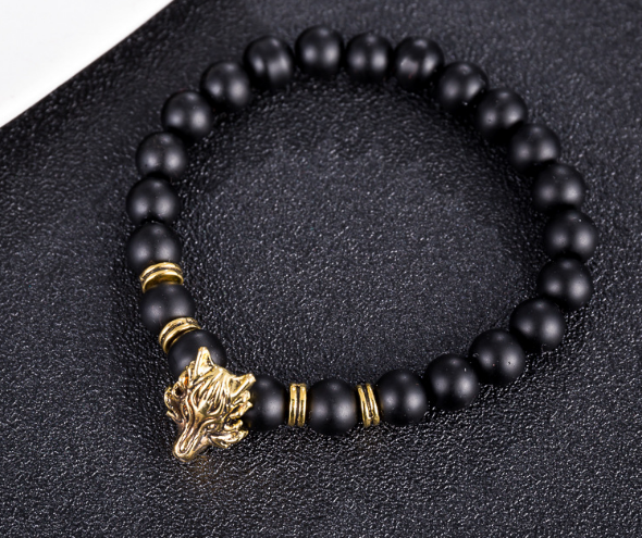 Wolf pendant black bead wristband bracelet