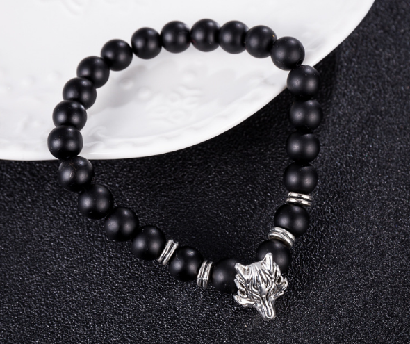 Wolf pendant black bead wristband bracelet