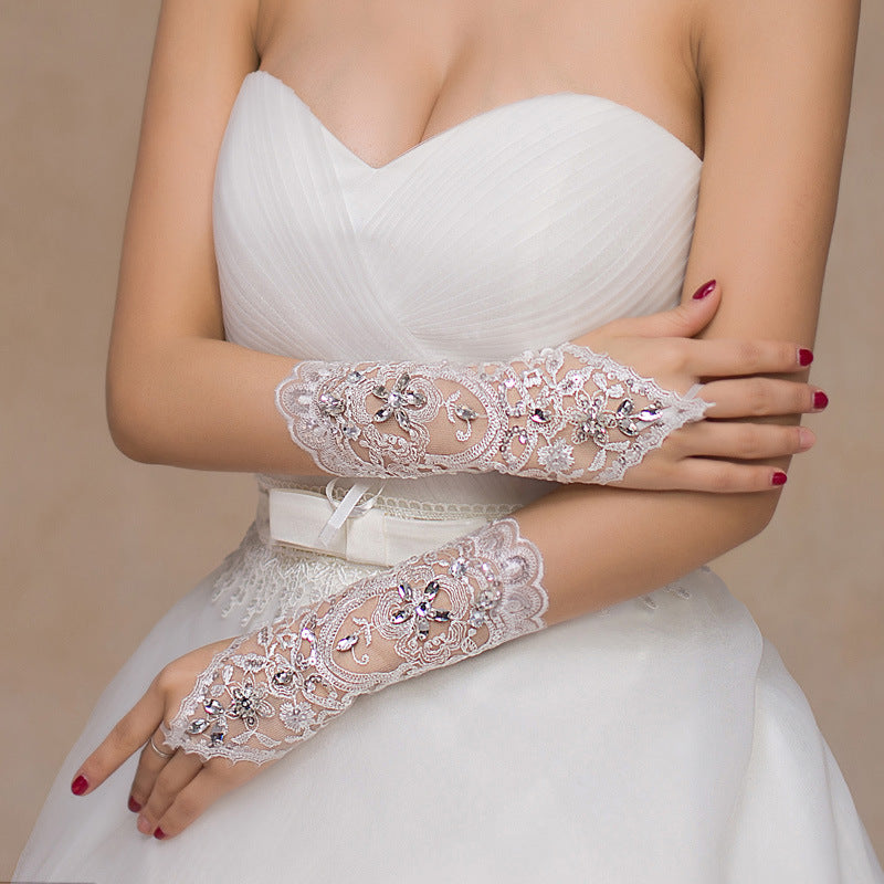 White Lace Fingerless Gloves With Rhinestones