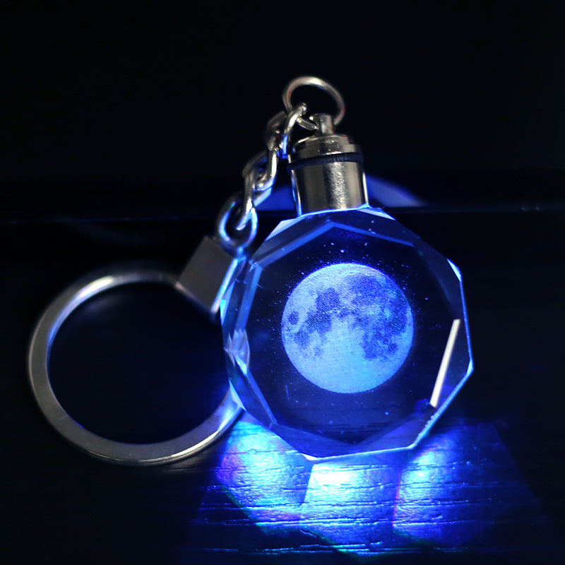 Crystal Moon Colourful LED Light Keychain Pendant Laser Engraved 3D Moon Key Ring