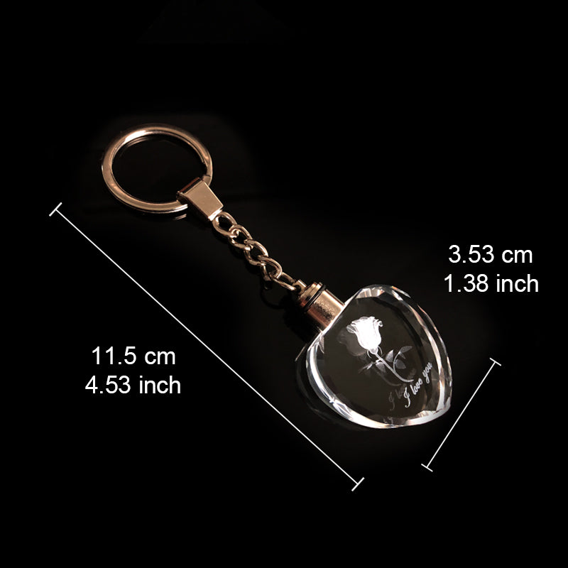 measurement of Changeable Colourful LED Light Crystal Heart Shape Key Chain With 3D Rose Flower Laser Engraved Key Ring Pendant - 11.5cm long 3.53cm wide