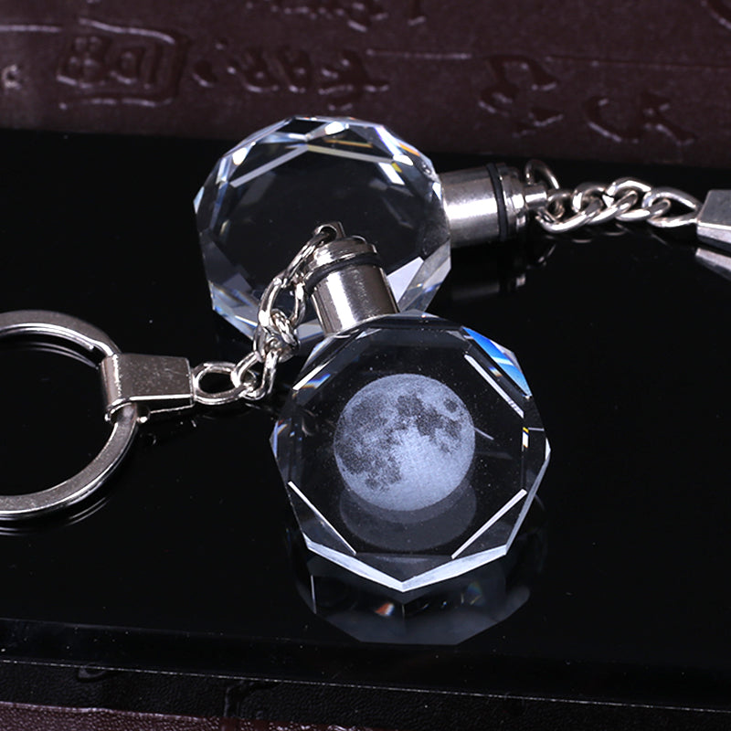 Crystal Moon Colourful LED Light Keychain Pendant Laser Engraved 3D Moon Key Ring