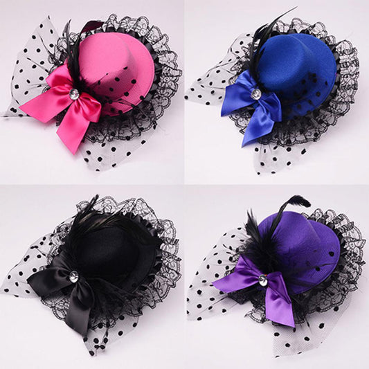 Stylish mini top hat fascinator with bow and lace trim