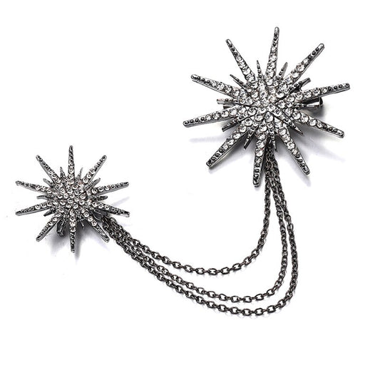 Double star brooch with connecting chain black gold silver pin brooch with crystal rhinestones