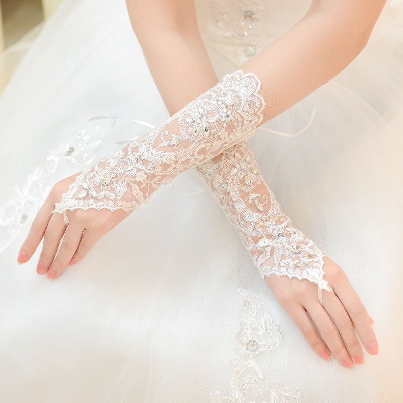 White Lace Fingerless Gloves With Rhinestones