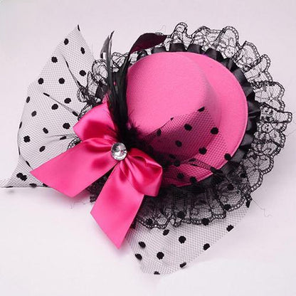 Stylish mini top hat fascinator with bow and lace trim