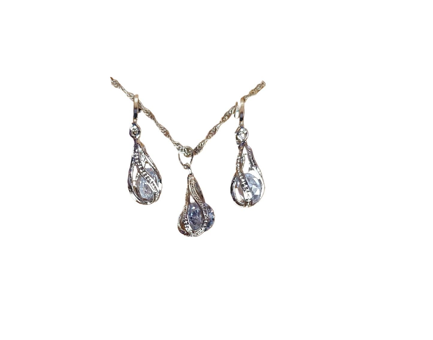 Silver droplet with cubic zirconia necklace and earring set