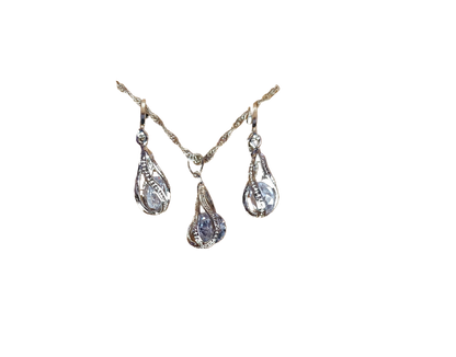 Silver droplet with cubic zirconia necklace and earring set