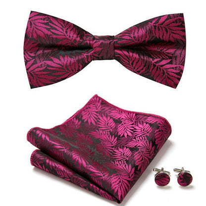dark magenta paisley leaf design bow tie, pocket square and cufflinks