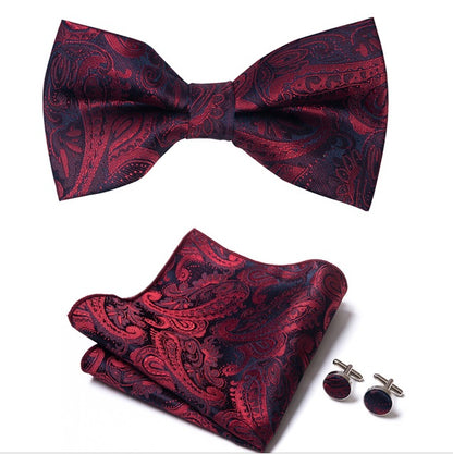 deep red jacquard paisley design bow tie, pocket square and cufflinks 