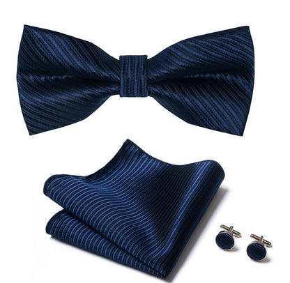 navy and black stripped design bow tie, pocket square and cufflinks