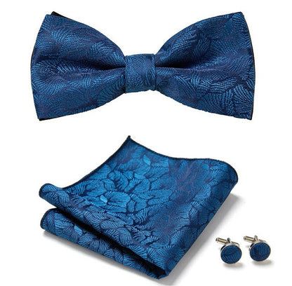 blue leaf paisley design bow tie, pocket square and cufflinks