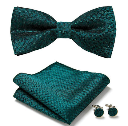 emerald, green patterned design bow tie, pocket square and cufflinks