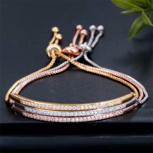 Three piece bracelet set gold, rose gold and silver with crystal studded bar