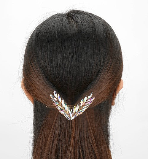 Crystal Rhinestone V Shaped Leaf Feather Hair Clip