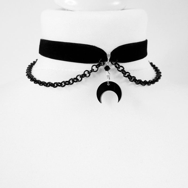 Velvet Choker Necklace with Chain And Black Moon