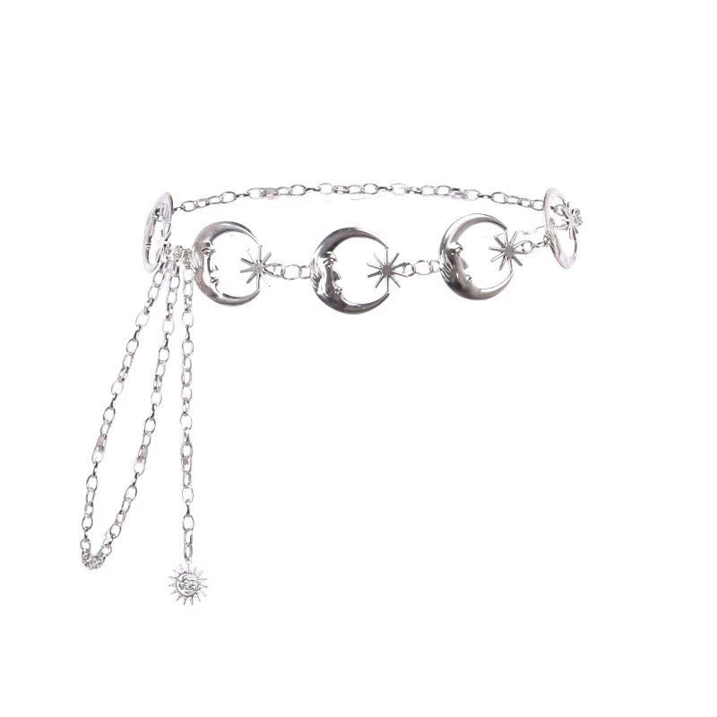 Celestial moon, star and sun silver chain belt