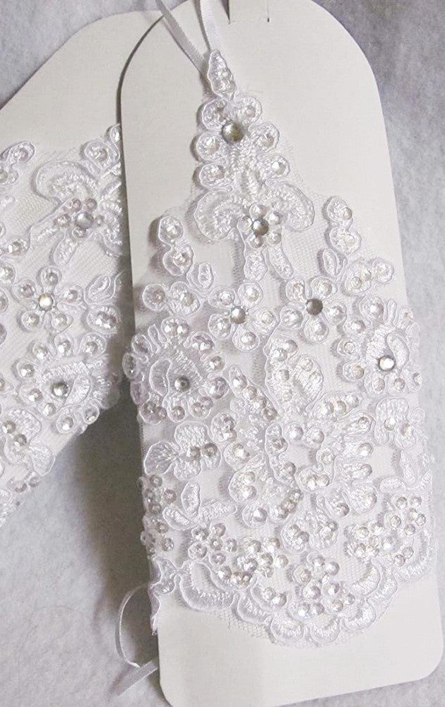 Elegant Ivory Short Lace Fingerless Rhinestone Gloves