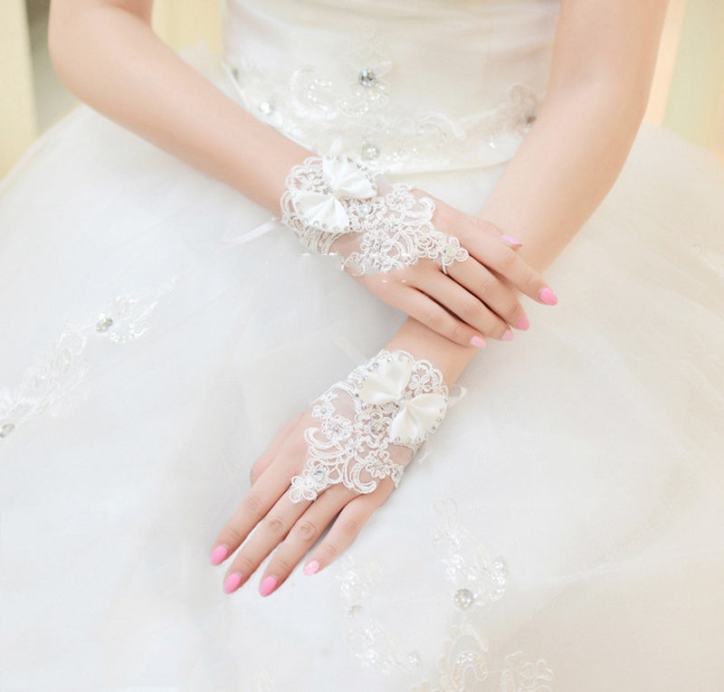 ivory lace gem applique fingerless gloves with sweet, gemmed bow