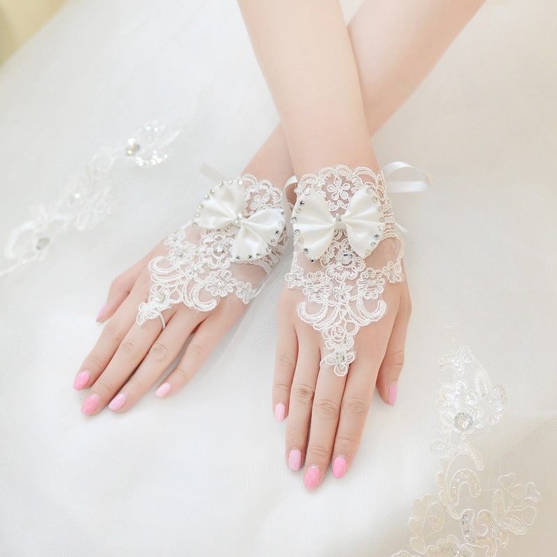 ivory lace gem applique fingerless gloves with sweet gemmed bow