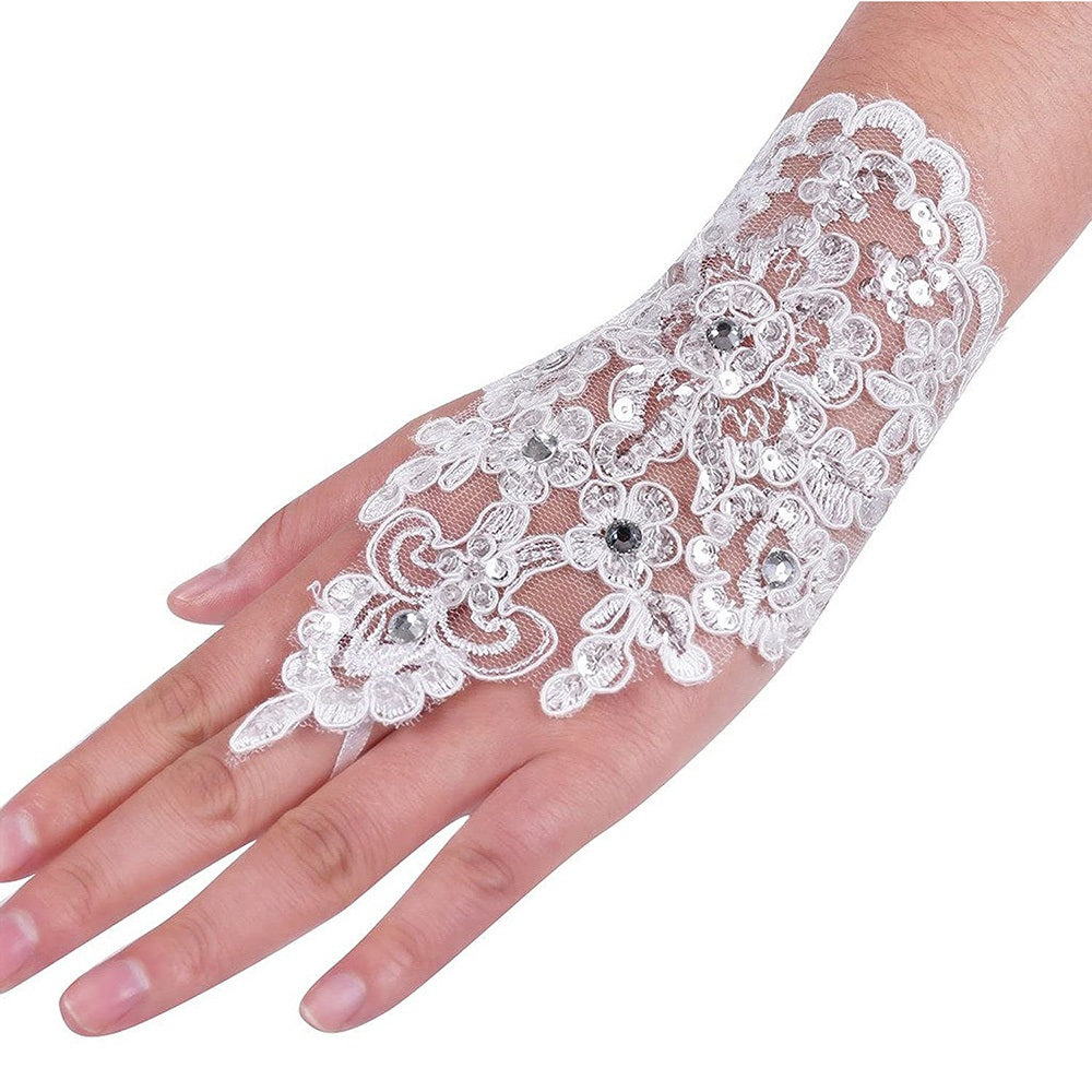 Elegant Ivory Short Lace Fingerless Rhinestone Gloves