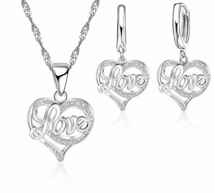 Silver love heart pendant and earrings with cubic zirconia