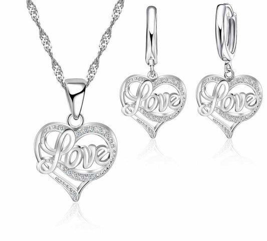 Silver love heart pendant and earrings with cubic zirconia