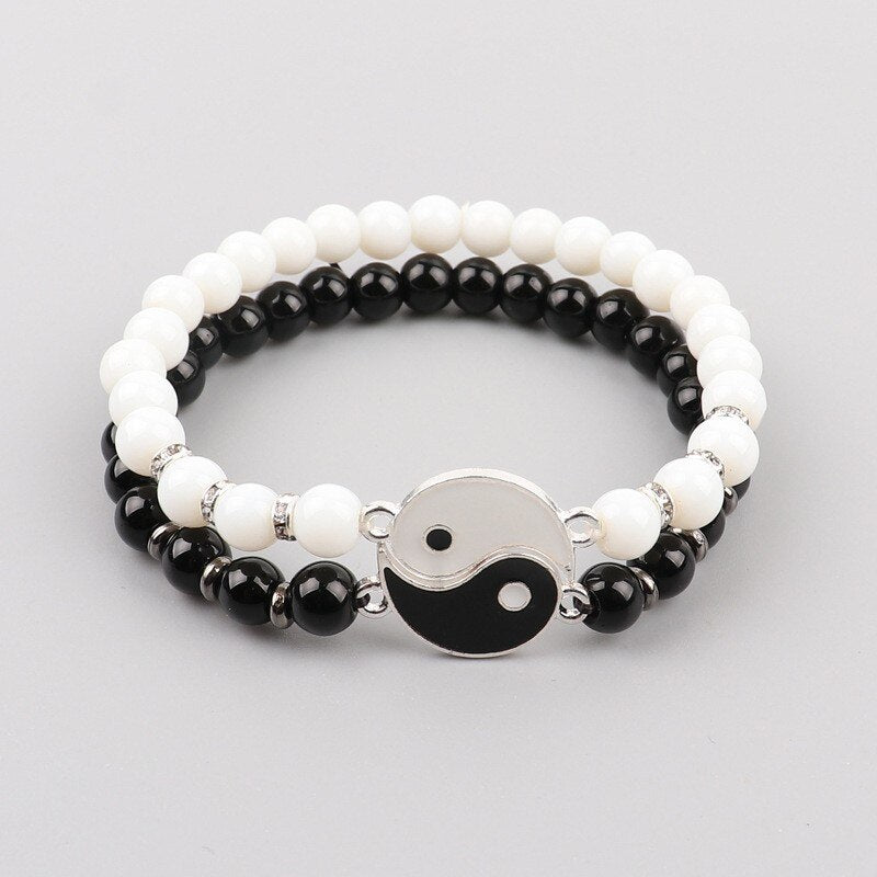 Black and white glass bead Yin and Yang bracelet set