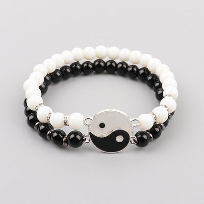 Black and white glass bead Yin and Yang bracelet set
