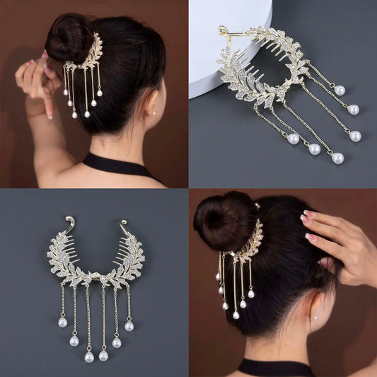 Crystal and pearl bead tassel bun hair clip claw