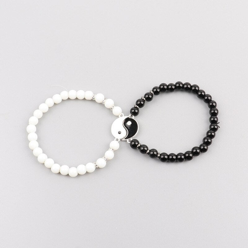 Black and white glass bead Yin and Yang bracelet set