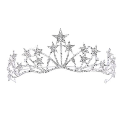 This stunning piece is silver in colour and features a starry design covered in clear crystal rhinestones