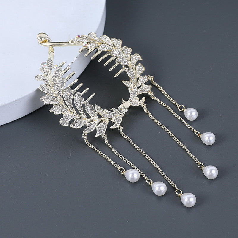 Crystal and pearl bead tassel bun hair clip claw