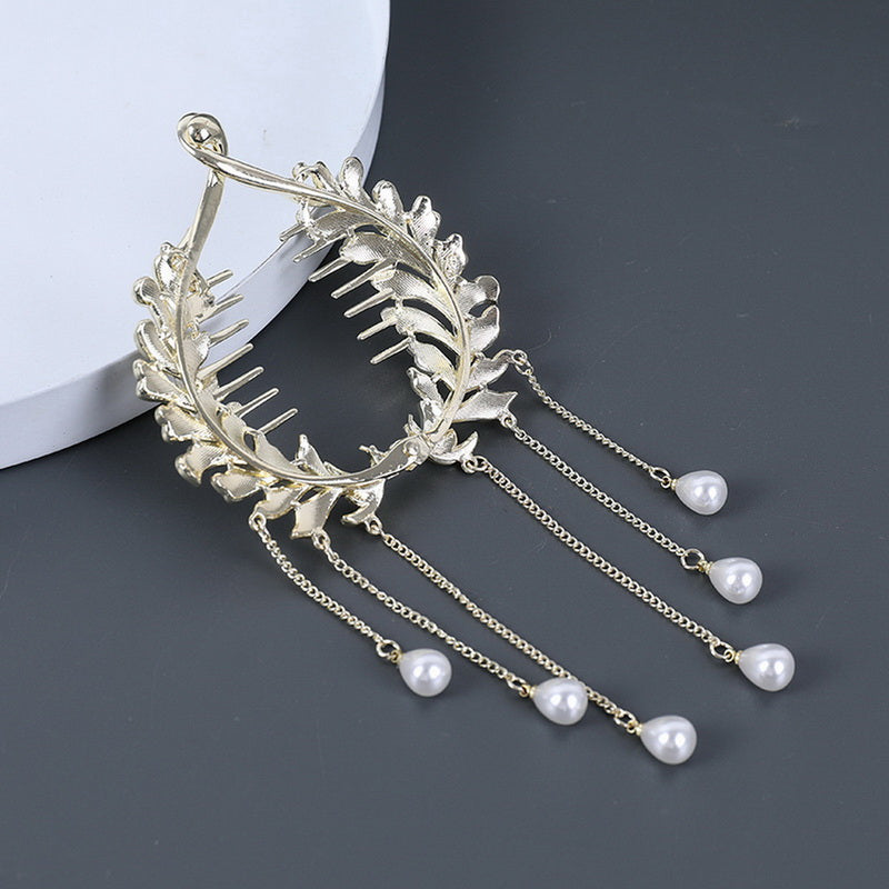 Crystal and pearl bead tassel bun hair clip claw