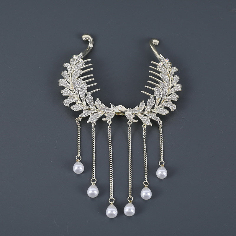 Crystal and pearl bead tassel bun hair clip claw