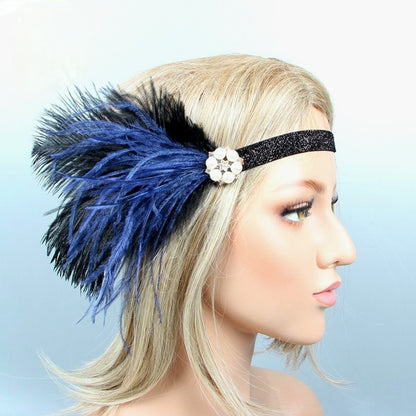 Gatsby 1920's glittery headband with small pearl bead flower and blue and black feather to the side