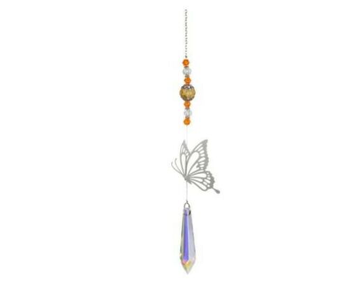 orange and white beads leading to silver metal butterfly leading to hexagon droplet k9 crystal