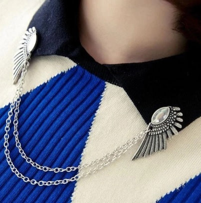 Silver angel wing feathers chained collar pins brooch