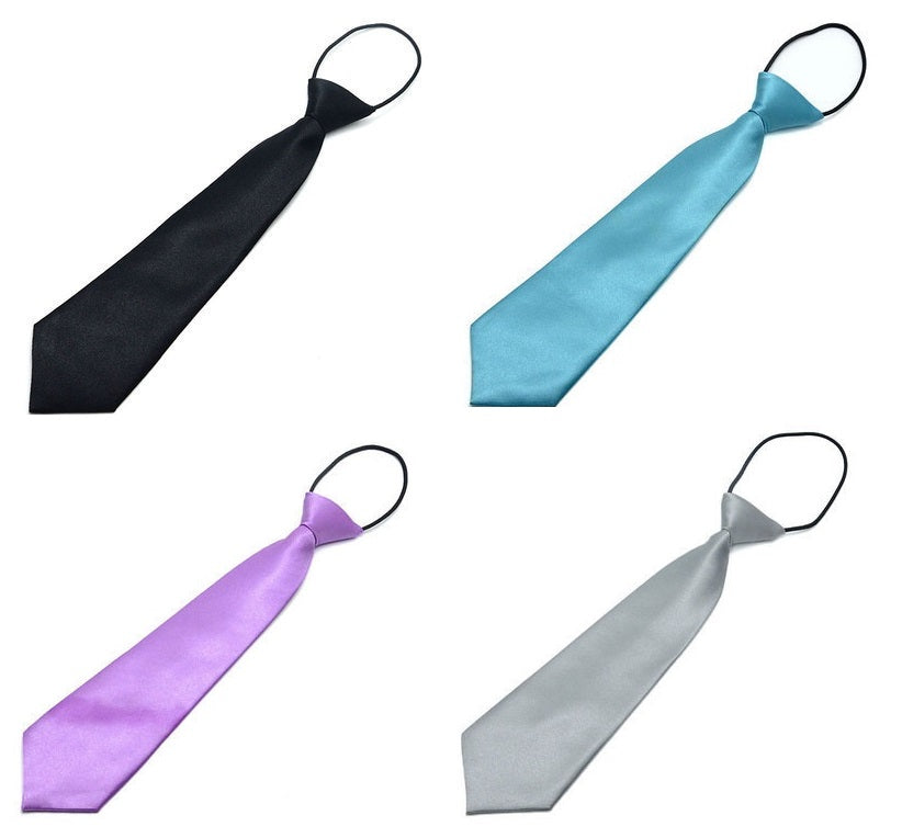 four colours of Children's elastic silk Necktie - black, blue, lilac and silver