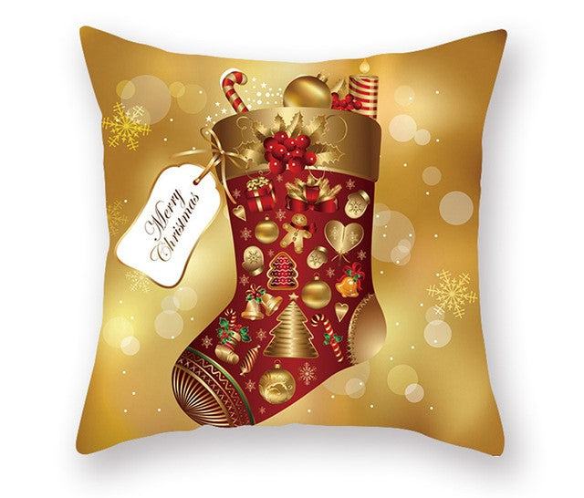 red gold and white cushion cover with decorative christmas stocking