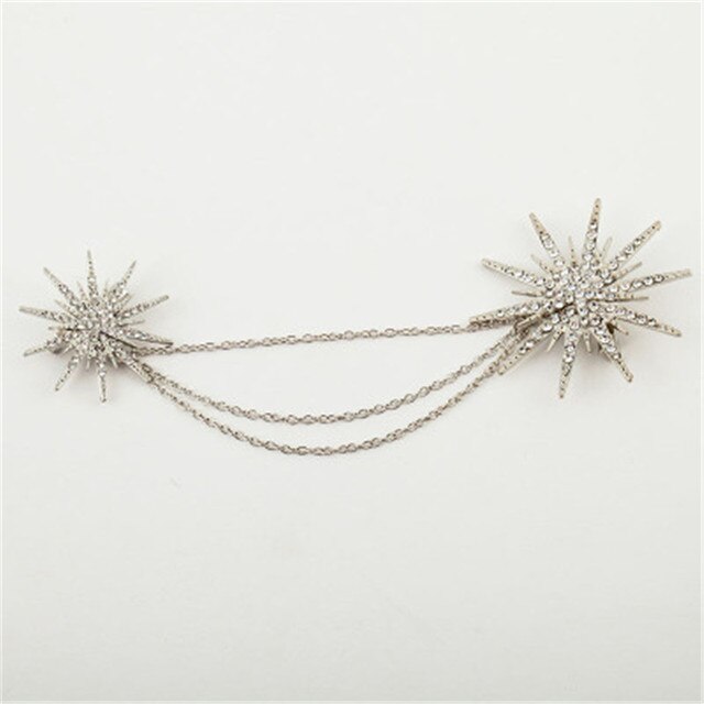 Double star brooch with connecting chain black gold silver pin brooch with crystal rhinestones