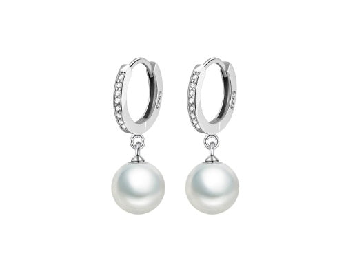 Silver loop earrings with cubic zirconia and freshwater pearl