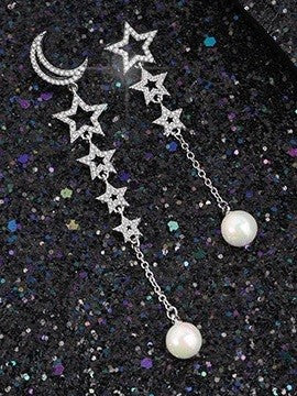 Silver moon and star celestial dangly earrings with pearl and cubic zirconia