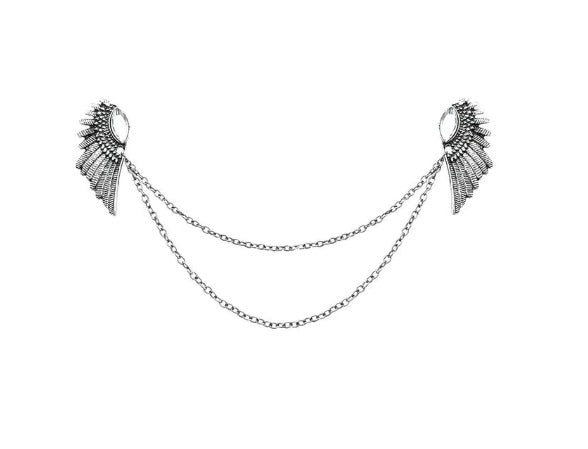 Silver angel wing feathers chained collar pins brooch